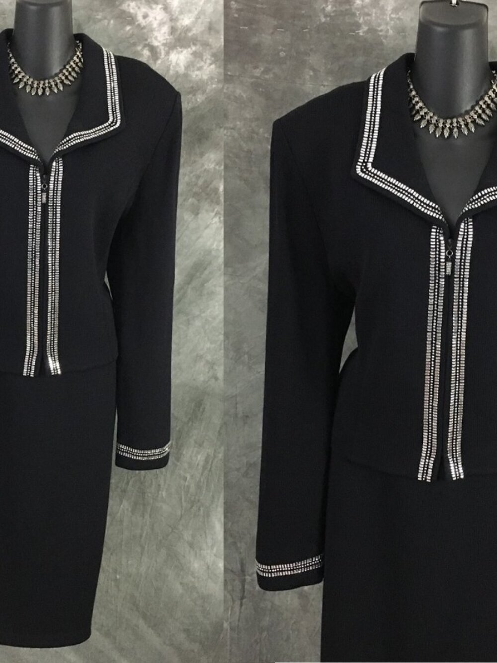 BEAUTIFUL st john evening knit black rhinestones embellished skirt suit size 14